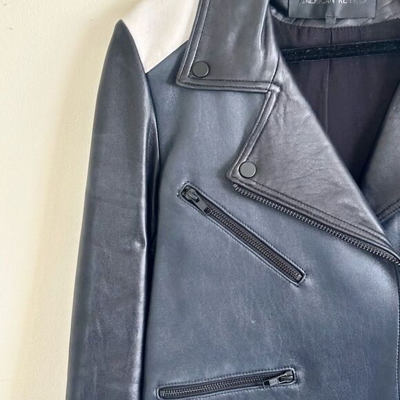 100% Lambskin American Retro Navy Black White and Navy Leather Jacket size 36 - Picture 3 of 7